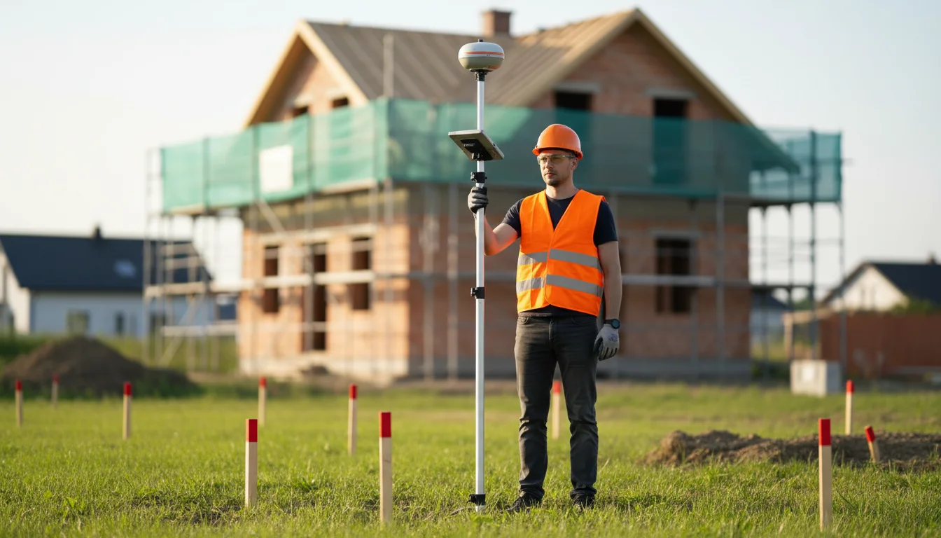 Geodet s GNSS aparaturou před rozestavěným domem