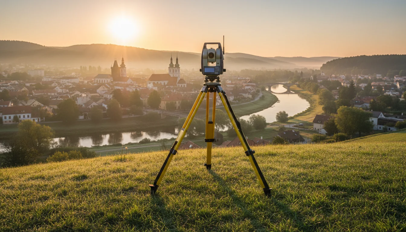Totální stanice na stativu nad údolím města